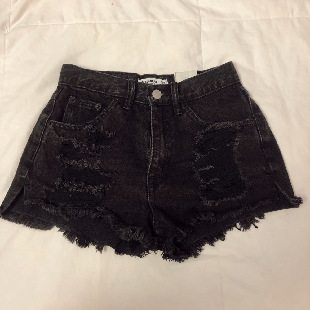 Pull&Bear black high waisted distressed shorts.